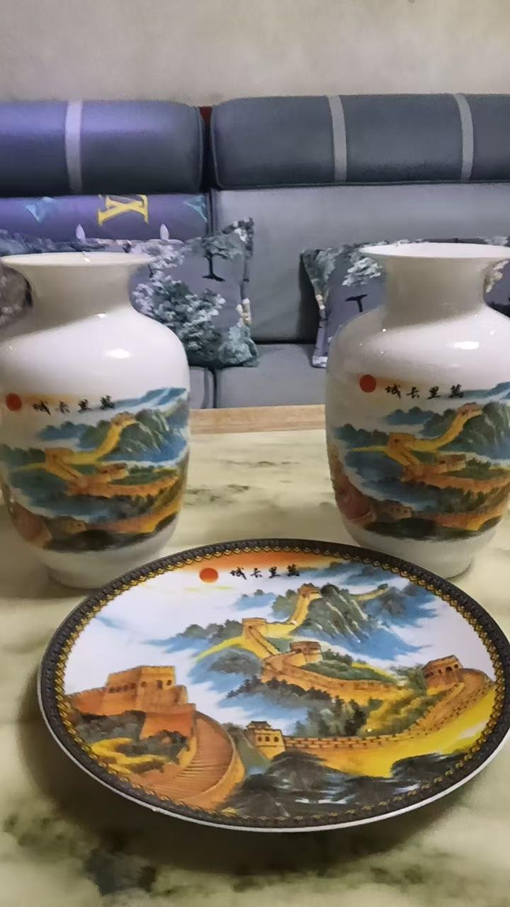 万里长城主题陶瓷三件套摆件
